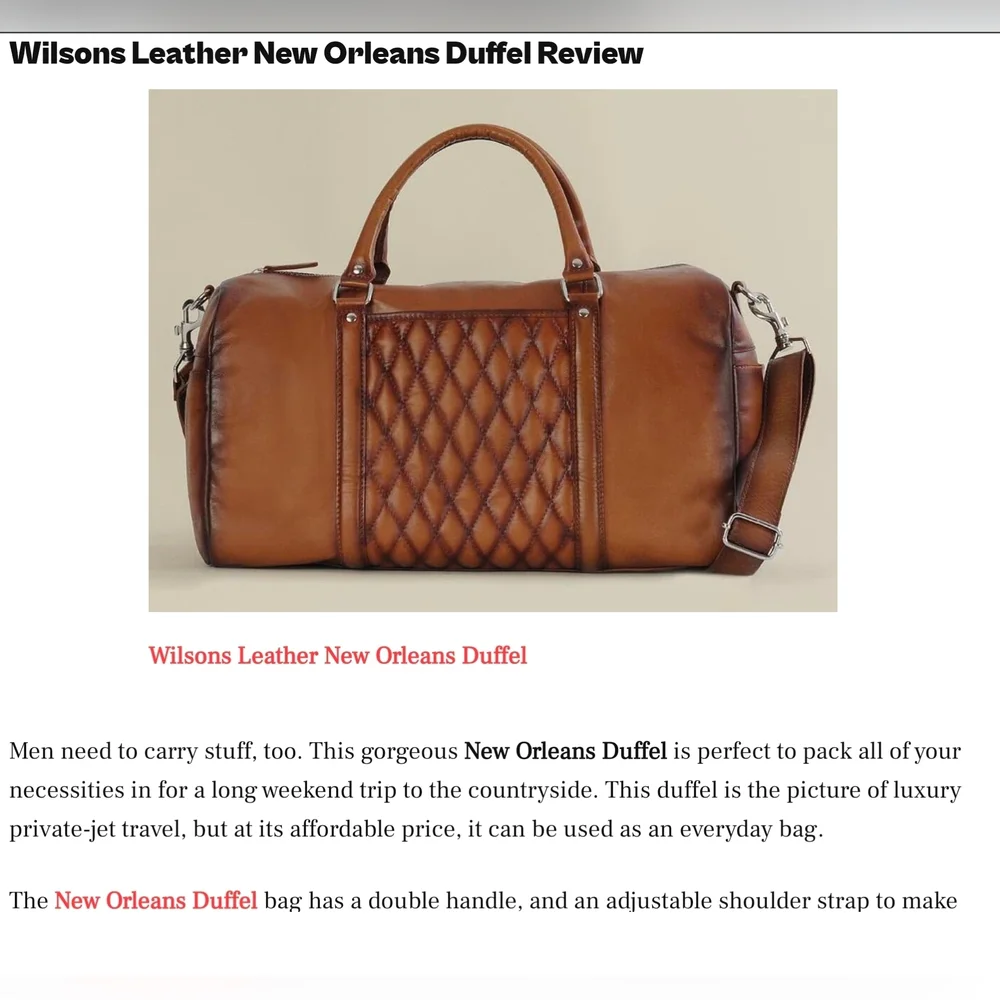 New Wilsons Leather New Orleans Duffel Tan Weekender Diamond Quilted Pattern